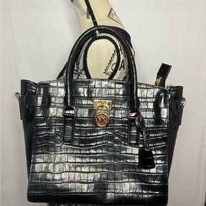 Michael Kors Black and Silver Croc-Embossed Satchel